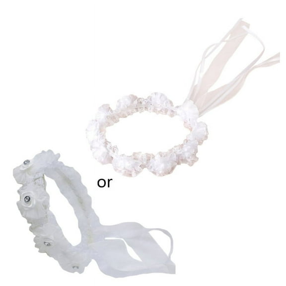 Kids Girl Wedding Headband Mesh Flower Adjustable Ribbon Crown Wreath Faux Pearl Beading First Communion Photo Props