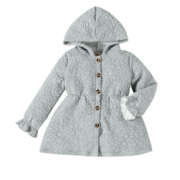 Kids Girl Winter Coat Flower Jacquard Long Sleeve Front Button Gray Smocked Waist Jacket
