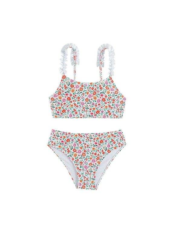 Kids Girl's Floral Print 2 Piece Swimsuit Swimwear Bathing Suit Cute Bikini Set Size 3 Bathing Suit Girls Bathing Short Tween Bathing Suits Girl Long Girls Swimsuits Size 14 16