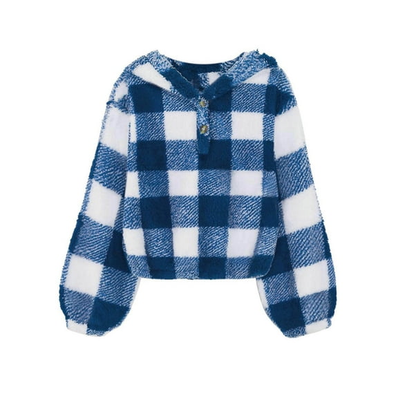 Kids Girl's Fuzzy Hoodies Buffalo Plaid Jacket Solid Soft Long Sleeves Button Casual Outwear Pullover Christmas Clothes for Girls 13-14 Years