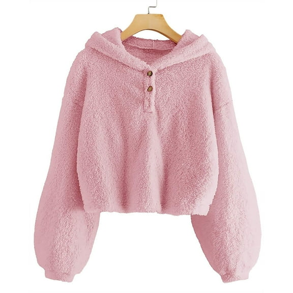 Kids Girl's Fuzzy Hoodies Buffalo Plaid Top Solid Long Sleeves Comfy Loose Button Casual Outwear Pullover Hoodies for Girls for Teen Girls 5-6 Years