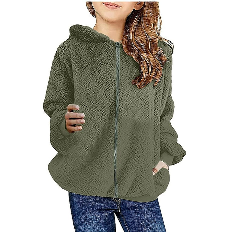 Kids Girl's Fuzzy Hoodies Zipper Warm Loose Sherpa Hooded Sweatshirt  Pullover Casual Hooded Pullover Plush Sweatshirts for Boys Girls With  Pockets 