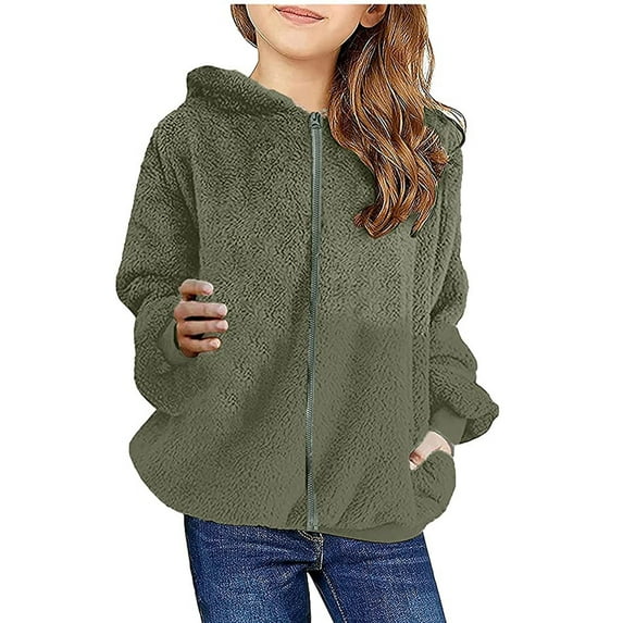 Kids Girl's Fuzzy Hoodies Zipper Warm Loose Sherpa Hooded Sweatshirt Pullover Casual Hooded Pullover Plush Sweatshirts for Boys Girls With Pockets