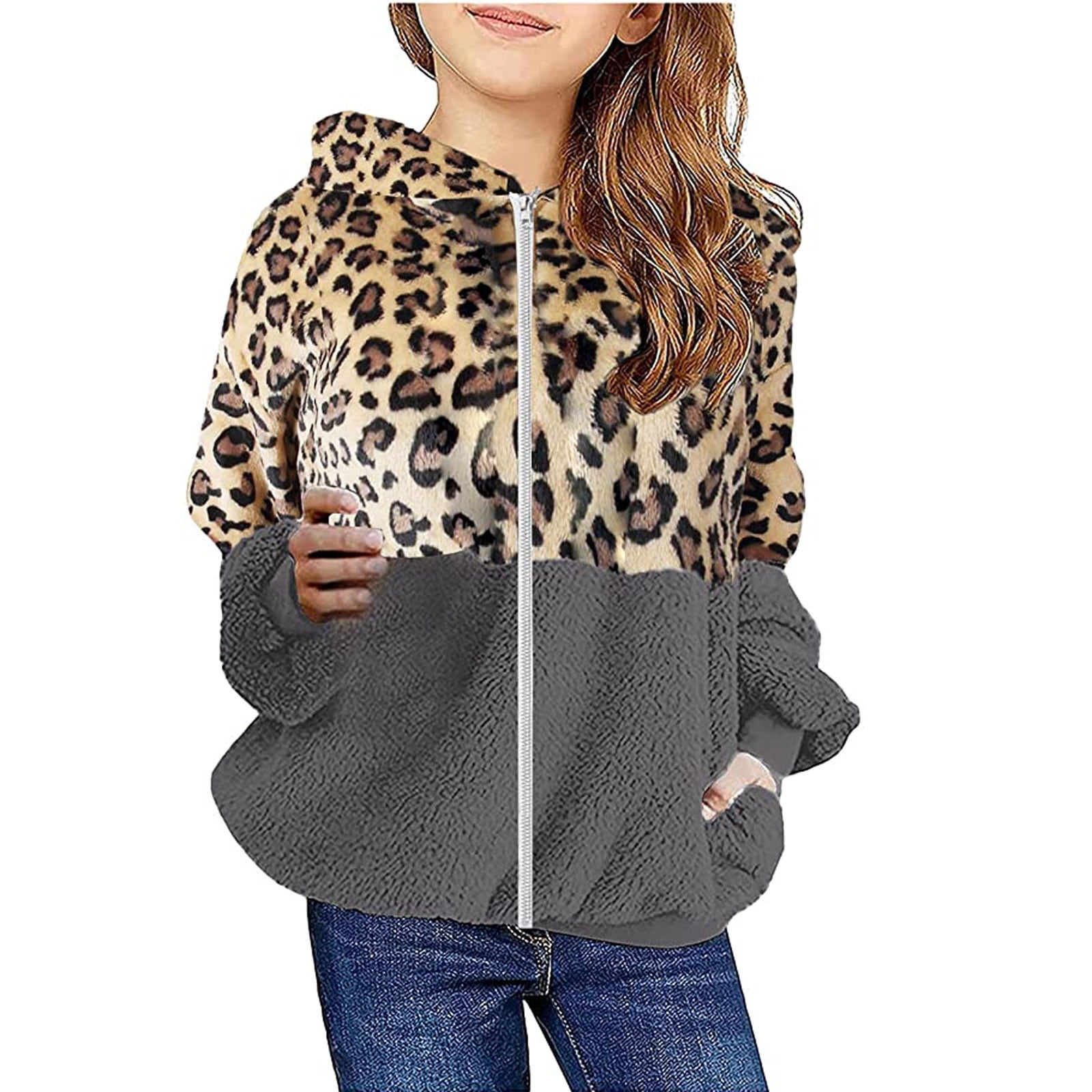 Kids Girl's Fuzzy Hoodies Zipper Warm Loose Sherpa Hooded Sweatshirt ...