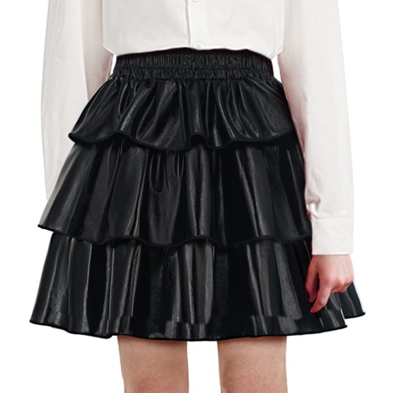 Kids Girl’s Metallic Shiny Skirts Ruffle Sparkle Tutu Skirt 3-Layer Dance Scooter Skirts A-Line Pleated Flared Skort Rave Glitter Party Skater Outfits