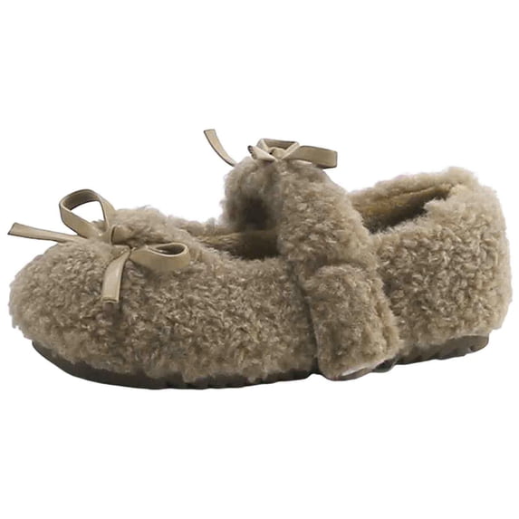 Kids Girl's Slip On Plush Mary Jane Shoes Fleece Lined Non Slip Loafers Toddler Cute Bowknot Princess Dress Shoes Brown Size 7 Toddler