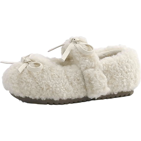 Kids Girl's Slip On Plush Mary Jane Shoes Fleece Lined Non Slip Loafers Toddler Cute Bowknot Princess Dress Shoes White Size 7 Toddler