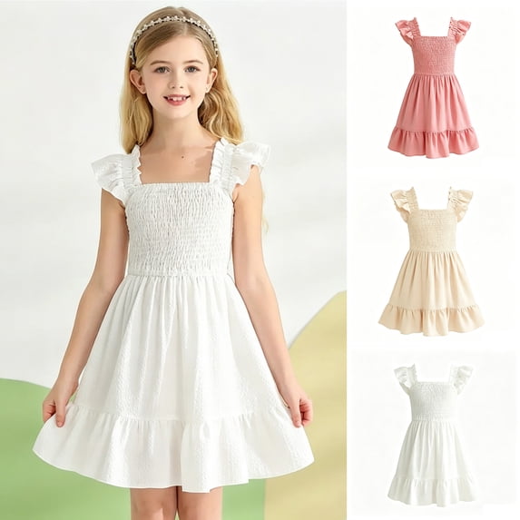 Kids Girl's Summer Sleeveless Dress Square Neck White A-Line Dress With Pleated Decoration And Elastic Waistband Casual Party Dress 9-10 Years