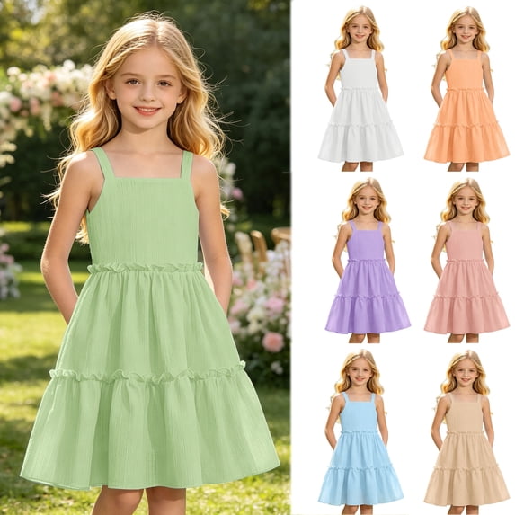 Kids Girl's Summer Sleeveless Loose Dress Square Neck Green A-Line Dress With Pleated Decoration And Elastic Waistband Layered Ruffle Kawaii Mid Long Summer Dresses For 9-10 Years