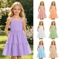 thumbnail image 1 of Kids Girl's Summer Sleeveless Loose Dress Square Neck Purple A-Line Dress With Pleated Decoration And Elastic Waistband Layered Ruffle Kawaii Mid Long Summer Dresses For 7-8 Years, 1 of 6