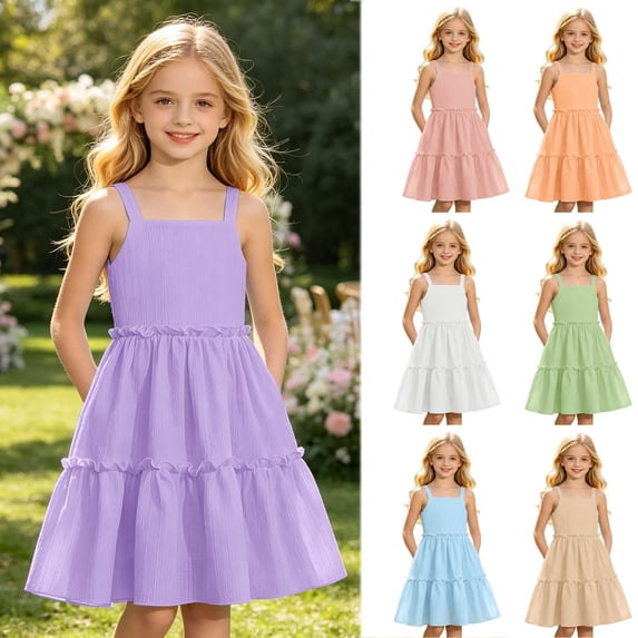 Kids Girl's Summer Sleeveless Loose Dress Square Neck Purple A-Line Dress With Pleated Decoration And Elastic Waistband Layered Ruffle Kawaii Mid Long Summer Dresses For 7-8 Years