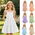 thumbnail image 1 of Kids Girl's Summer Sleeveless Loose Dress Square Neck White A-Line Dress With Pleated Decoration And Elastic Waistband Layered Ruffle Kawaii Mid Long Summer Dresses For 9-10 Years, 1 of 6