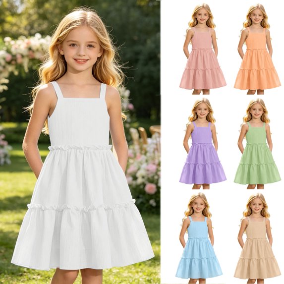 Kids Girl's Summer Sleeveless Loose Dress Square Neck White A-Line Dress With Pleated Decoration And Elastic Waistband Layered Ruffle Kawaii Mid Long Summer Dresses For 9-10 Years