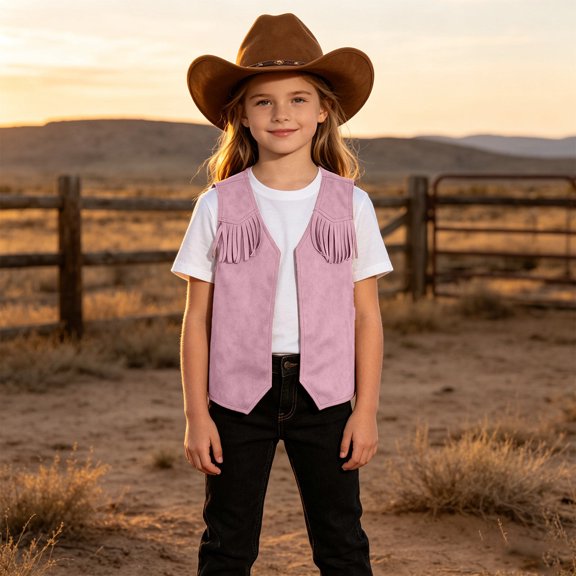 Kids Girl's Tassel Cowboy Vest 70s Hippie Cow Girl Sleeveless Fringe Jacket Western Halloween Party Fancy Outfit For Children