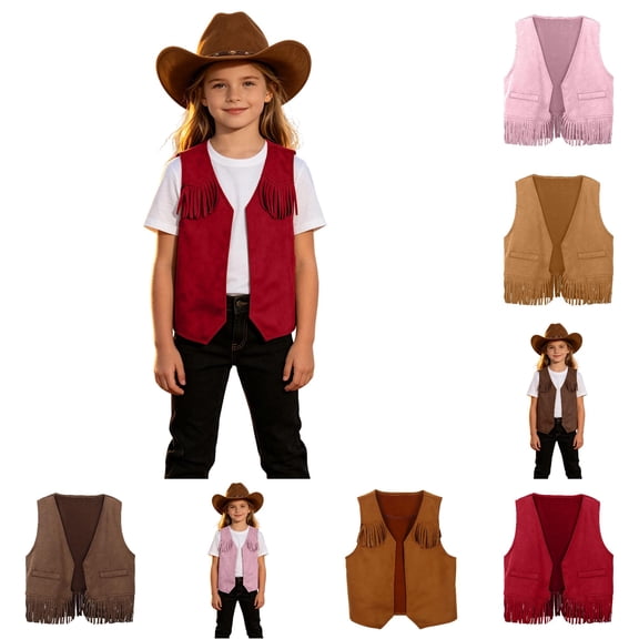 Kids Girl's Tassel Cowboy Vest 70s Hippie Cow Girl Sleeveless Fringe Jacket Western Halloween Party Fancy Outfit for ChildrenRed-35-6 Years