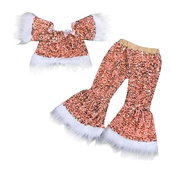 Kids Girl's Two Piece Outfits Girls' Sequin Suit Princess Pageant Top + Glitter Birthday Party Long Leg Flare Pants Cute Outfits for 6-7 Years