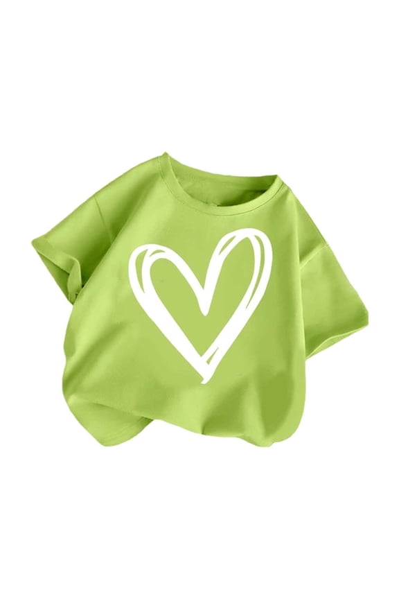 Kids Girls 2-11Y Casual T-Shirt Heart Graphic Print Short Sleeve Crew Neck Summer Tee Top Army Green 2 Years