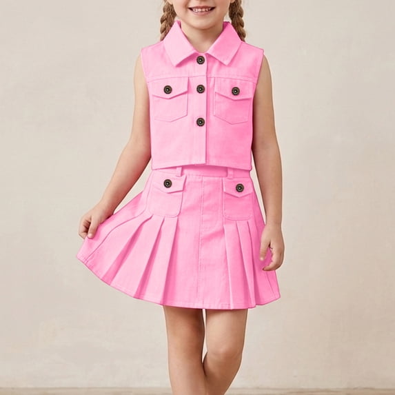 Kids Girls 2-Piece Casual Set Button-Front Sleeveless Vest & Pleated Skirt Comfortable Outfit for School, Casual Wear & Parties Pink 2-3 Years