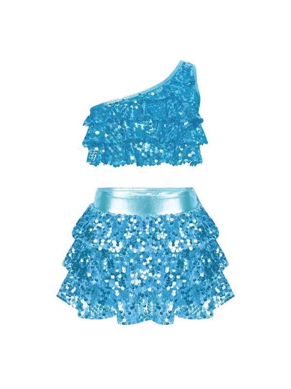 Kids Girls 2 Piece Dance Outfits Sets Sequin One Shoulder Crop Top with Skirt Jazz Latin Ballroom Costume Light Blue 4-5Years