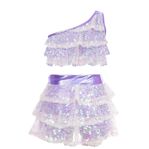 Kids Girls 2 Piece Dance Outfits Sets Sequin One Shoulder Crop Top with Skirt Jazz Latin Ballroom Costume Multicolor 3-4Years