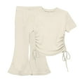 thumbnail image 1 of Kids & Girls 2 Piece Outfit Set, Beige Soft Ribbed Knit Short Sleeve Top & High Waisted Flare Pants Matching Play Clothes,Size 2-3T, 1 of 5