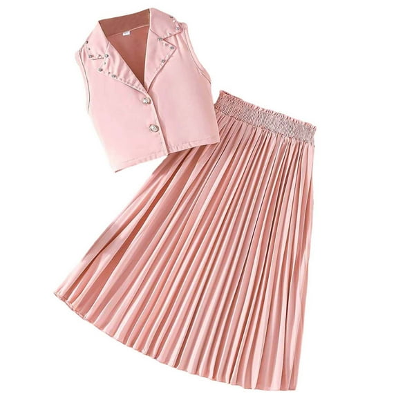 Kids Girls 2 Piece Outfit Set, Pink Vest & Pleated Skirt, Coordinated Playdate & Party Outfit, Elastic Waist Machine Washable Polyester Spandex,Size 7 T