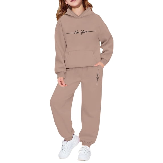 Kids Girls 2 Piece Outfits Fleece Tracksuit Winter Warm Pullover Hoodie With Pants Casual Outfit Cute Printed Jogger Two Piece Set Sweatsuits 12-13 Years