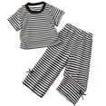 thumbnail image 1 of Kids Girls 2 Piece Outfits Striped Knit Short Sleeve Top and Wide Leg Pants Set Soft Polyester with Bow Detail Kids Girl Black Sizes 2-9 Years,Size 6-7 T, 1 of 7