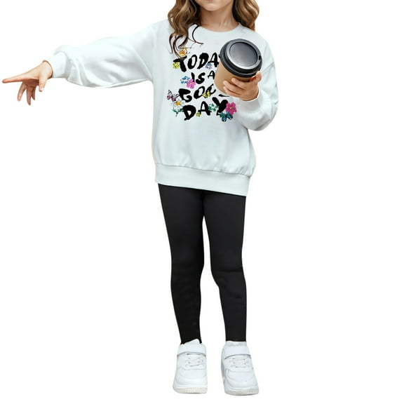 Kids Girls 2 Piece Summer Outfits Girl's Letter Printed Crew Neck Long Sleeve Hoodie Leggings Clothing Set for 9-10 Years