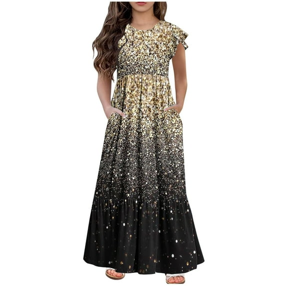 Kids Girls 2024 Summer Maxi Dress Trendy Printed Ruffle Short Sleeve Flowy Tiered Long Dress Casual Beach Swing Dress with Pockets 6-12 Years