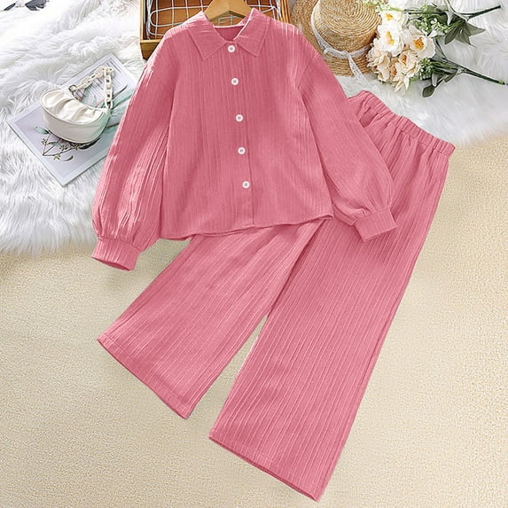 Kids Girls 2pc Outfits Set Long Sleeve Solid Button Down Shirts + Wide Leg Pants High Waist Loose Fit Tracksuit