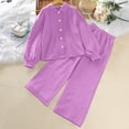 thumbnail image 1 of Kids Girls 2pc Outfits Set Long Sleeve Solid Button Down Shirts + Wide Leg Pants High Waist Loose Fit Tracksuit, 1 of 9