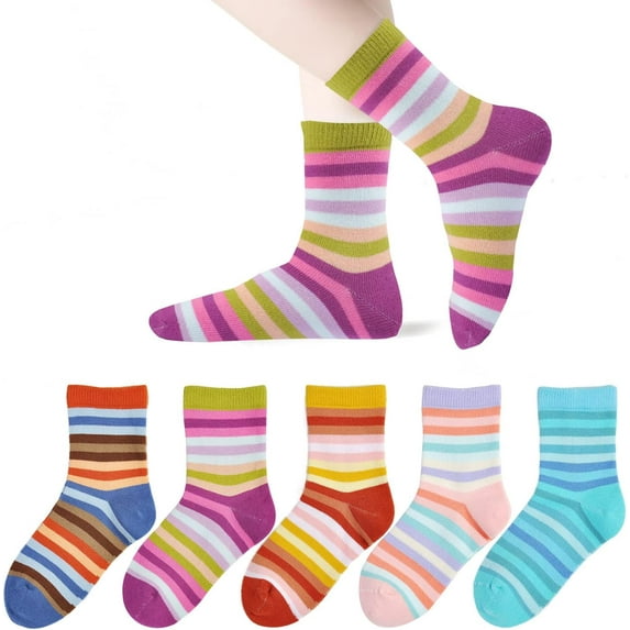 Kids Girls' 5 Pack Seamless Rainbow Stripes Crew Socks