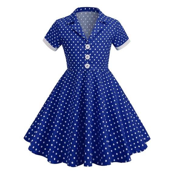 Kids Girls 50s Audrey Dress Short Sleeve Vintage Polka Dot Dresses Casual Button-down Flared Dress for Party Prom Birthday