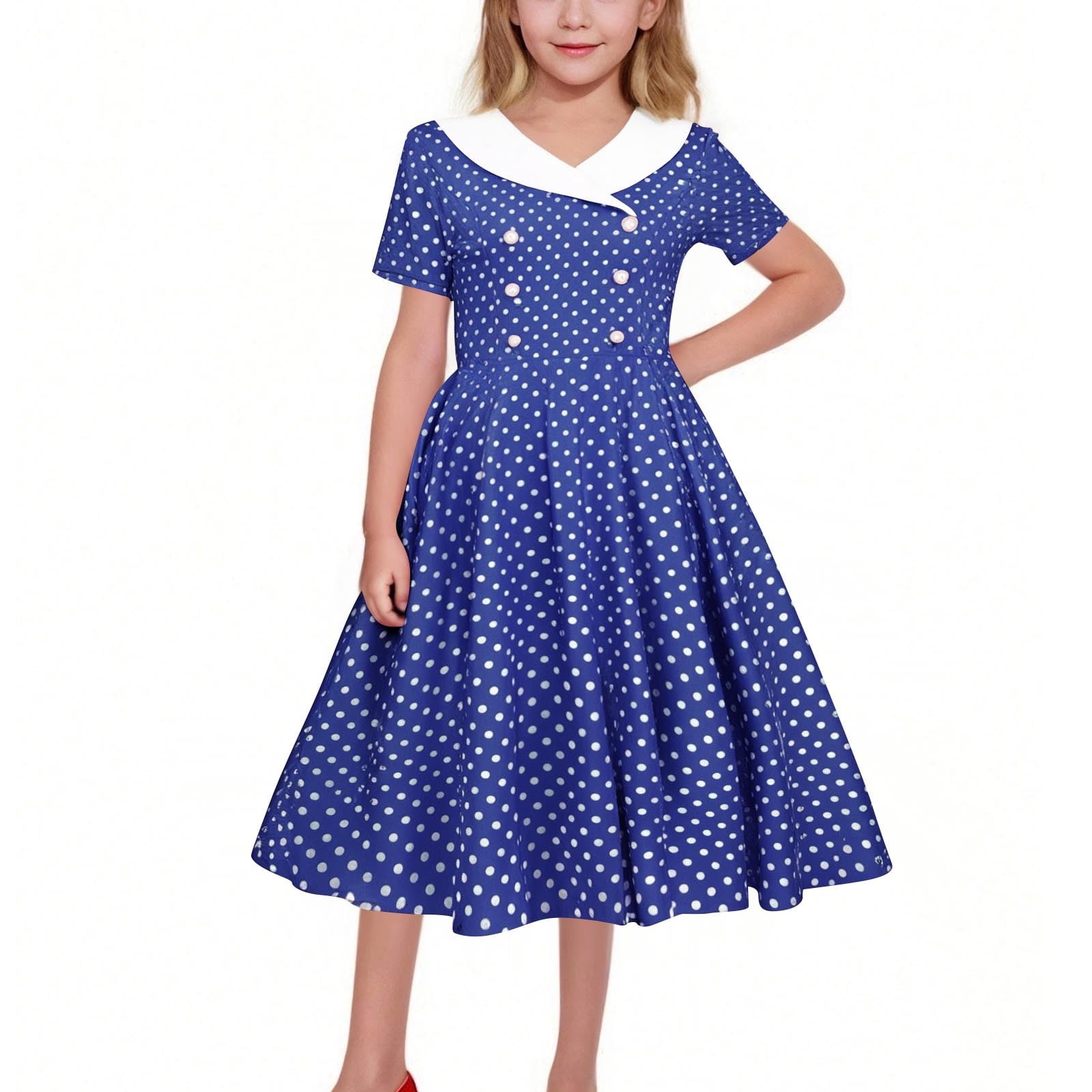 50s skater dress FchengtaiS Kids Girls 50s Polka Dot Vintage Dresses Short Sleeve Swing Party Rockabilly Dress Retro Wedding Casual Skater Dress, Girl's, Size: 7-8