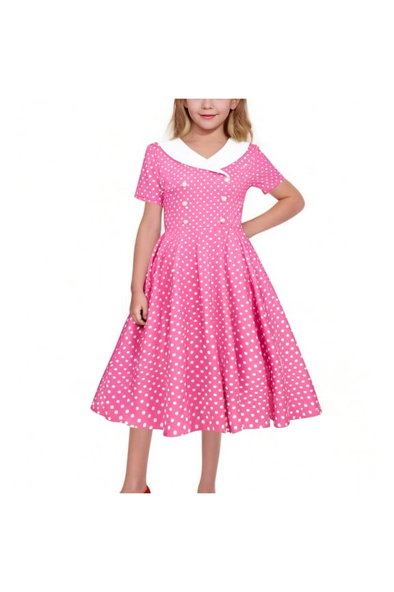 Kids Girls 50s Polka Dot Vintage Dresses Short Sleeve Swing Party Rockabilly Dress Retro Wedding Casual Skater Dress