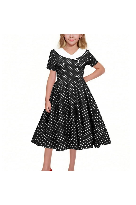 Kids Girls 50s Polka Dot Vintage Dresses Short Sleeve Swing Party Rockabilly Dress Retro Wedding Casual Skater Dress