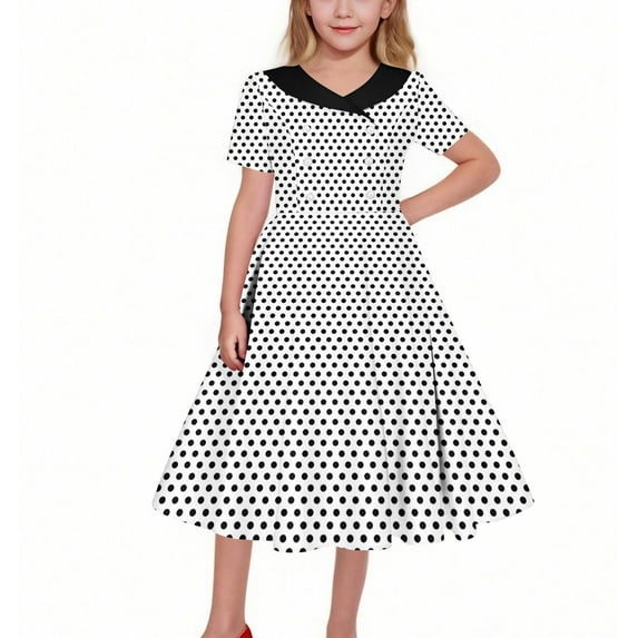 Kids Girls 50s Polka Dot Vintage Dresses Short Sleeve Swing Party Rockabilly Dress Retro Wedding Casual Skater Dress