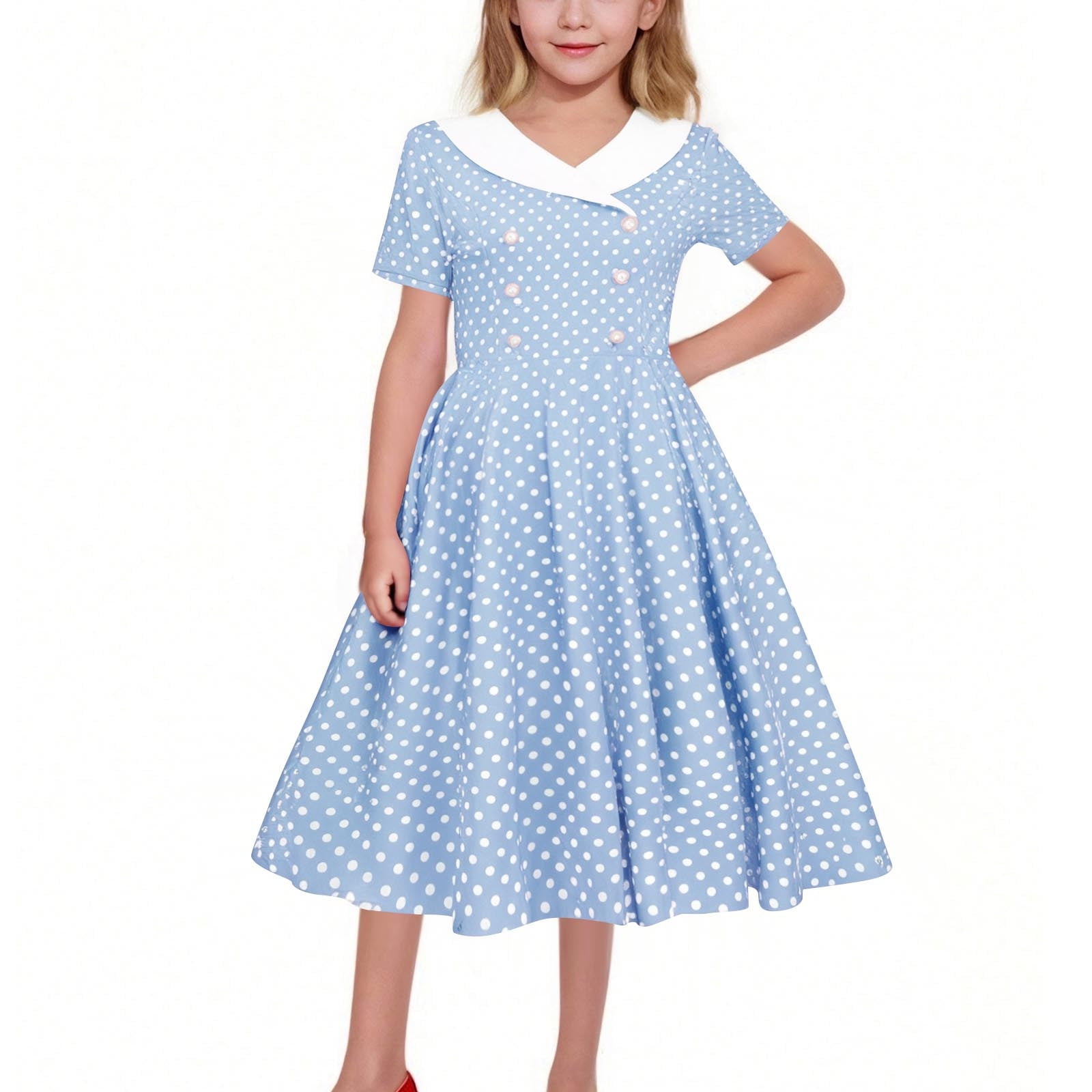 short rockabilly dresses FchengtaiS Kids Girls 50s Polka Dot Vintage Dresses Short Sleeve Swing Party Rockabilly Dress Retro Wedding Casual Skater Dress, Girl's, Size: 5-6
