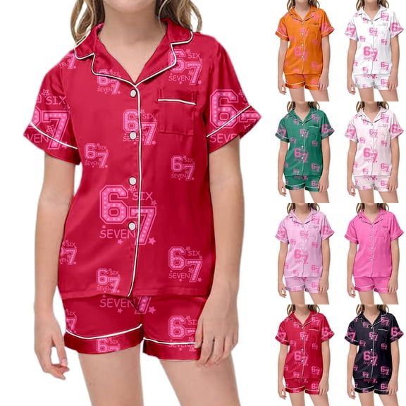 Kids Girls 67 Pajama Button Short Sleeve Shorts Two Piece Silk Sleepwear Children Valentine's Day Nightwear Outfit for Kids Cozy Loungewear