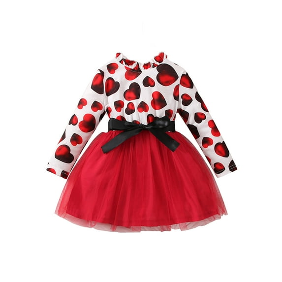 Kids Girls A-line Dress, Long Sleeve Stand Collar Heart Print Tulle Patchwork Dress for Valentines Day