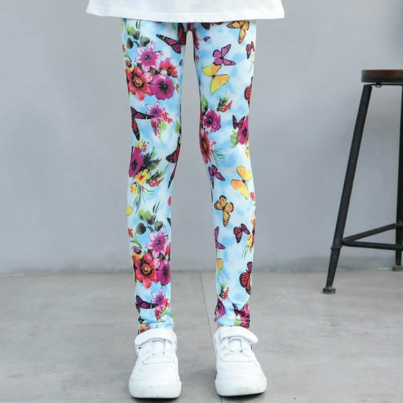 Kids Girls Ankle Length Leggings Printing Flower Classic Stretch Pants Casual Girls Pants Sky Blue 12-13 Years
