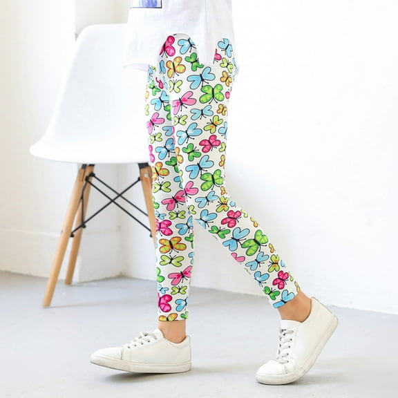 Kids Girls Ankle Length Leggings Printing Flower Classic Stretch Pants Soft Girls Pants Green 6-7 Years