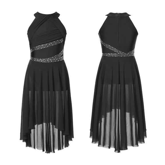 Kids Girls Applique Ballet Dress Sleeveless Irregular Mesh Tulle Lyrical Dance Costume Contemporary Leotard Dress Dancewear