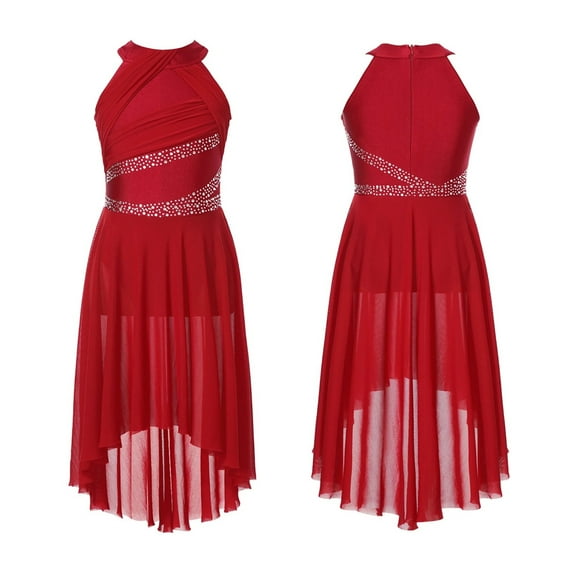 Kids Girls Applique Ballet Dress Sleeveless Irregular Mesh Tulle Lyrical Dance Costume Contemporary Leotard Dress Dancewear