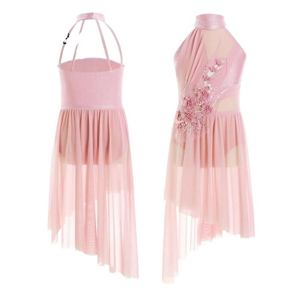Kids Girls Applique Ballet Dress Sleeveless Irregular Mesh Tulle Lyrical Dance Costume Contemporary Leotard Dress Dancewear