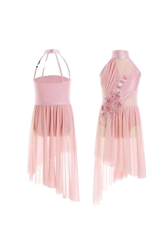 Kids Girls Applique Ballet Dress Sleeveless Irregular Mesh Tulle Lyrical Dance Costume Contemporary Leotard Dress Dancewear