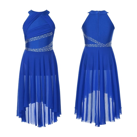 Kids Girls Applique Ballet Dress Sleeveless Irregular Mesh Tulle Lyrical Dance Costume Contemporary Leotard Dress Dancewear