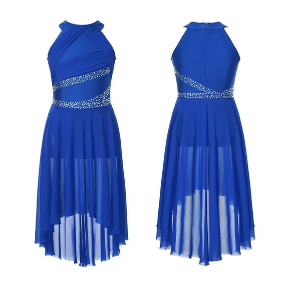 Kids Girls Applique Ballet Dress Sleeveless Irregular Mesh Tulle Lyrical Dance Costume Contemporary Leotard Dress Dancewear