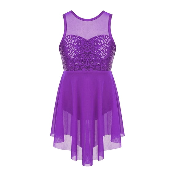 Kids Girls Applique Ballet Dress Sleeveless Irregular Mesh Tulle Lyrical Dance Costume Contemporary Leotard Dress Dancewear